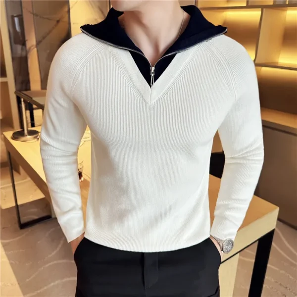 Men's Turtleneck Warm Sweater with Splice Color, Youth Slim-fit Knit Shirt for Fall and Winter, Half Zip-up Sweater. - Image 12