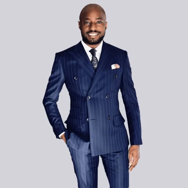 Premium Double-Breastered Men's Suits for Formal Events, Peak Lapel Blue Stripe Outfits, and Stylish Office Two-Piece Jackets, Pants, and Blazers - Image 3