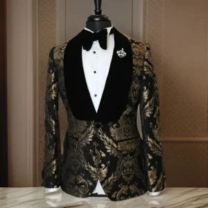 Men's Black Shawl Lapel Single-Breastered Blazer Formal Prom Party Jacket, One-Piece Elegant Outfit in Luxurious Jacquard Fabric