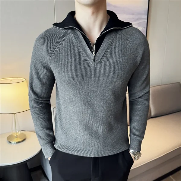 Men's Turtleneck Warm Sweater with Splice Color, Youth Slim-fit Knit Shirt for Fall and Winter, Half Zip-up Sweater. - Image 18
