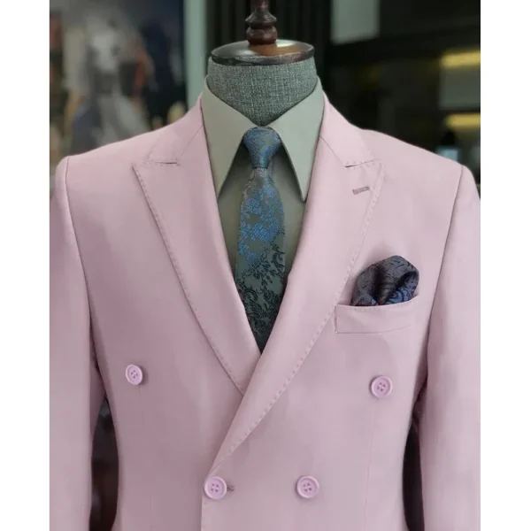 High-end wedding attire for men in pink solid-colored double-breasted, peak-lapel, regular-length, two-piece jackets, pants, and suits - Image 3