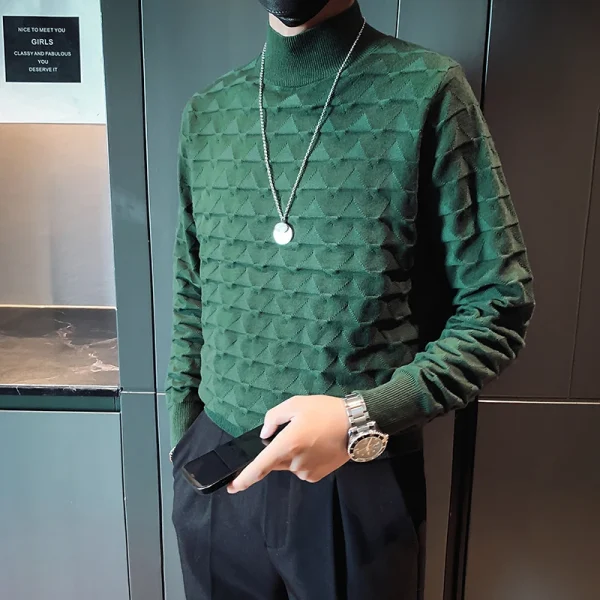 Young men can stay warm in the fall and winter with this half-high collar pullover sweater with a solid color geometric pattern. - Image 2