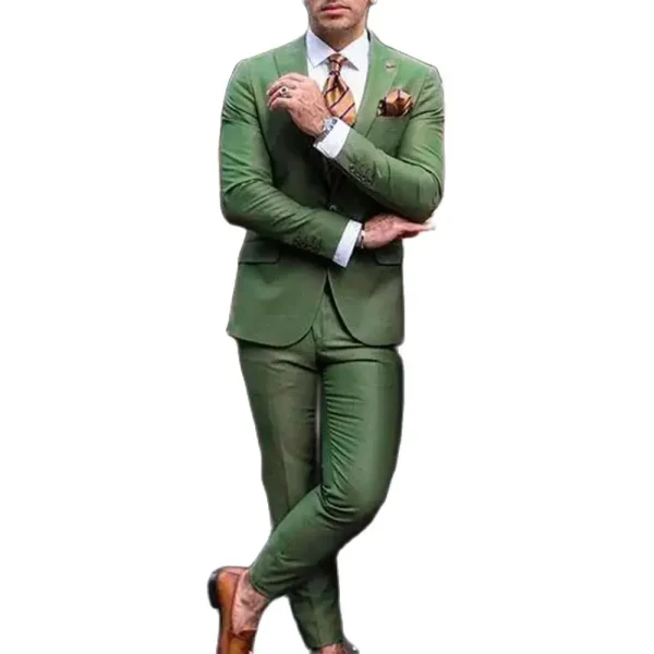 Men's Green Single-breasted, Peak-lapel, Regular Length, Stylish, Two-Piece Jacket and Pants Set for a Luxurious Wedding - Image 4