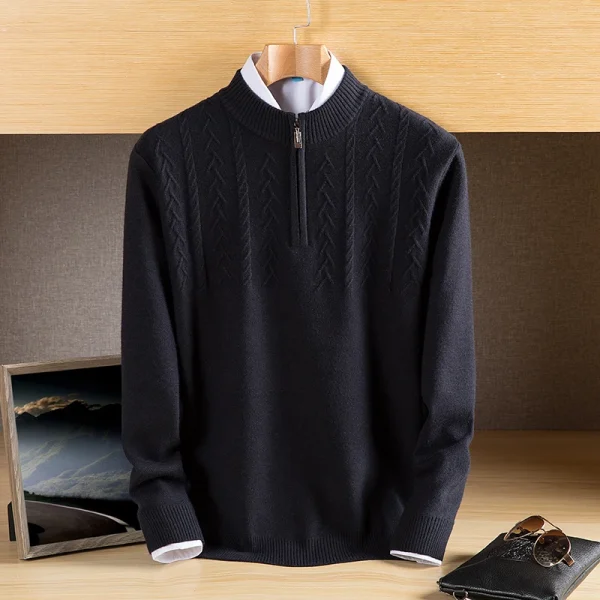 Warm, long-sleeved, solid-colored, half-zip men's pullover sweater with a half-high collar for fall and winter. - Image 19