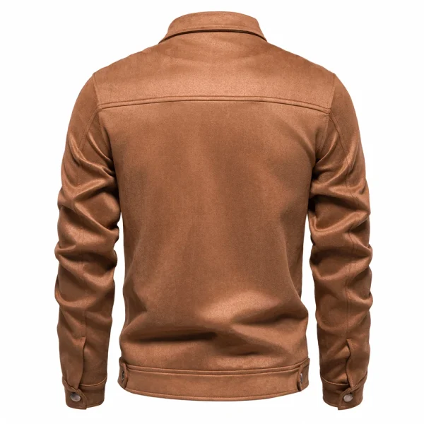 Men's Casual Business Faux Leather Trucker Jackets with Turn-down Collar in Brown Suede - Image 2