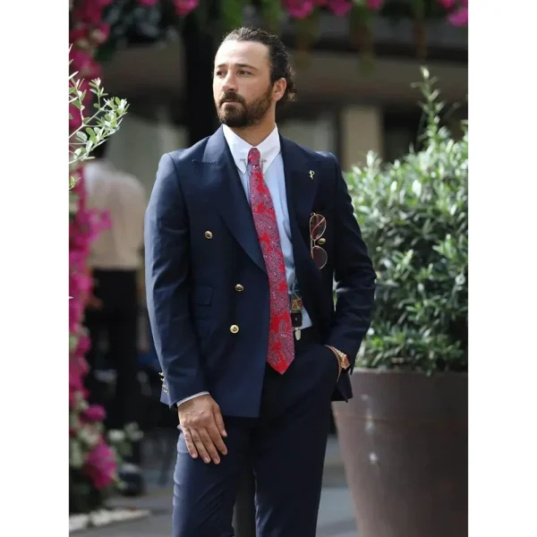 Smart casual business two-piece jacket and pants set in an elegant navy blue suit with a double breasted peak lapel and a flat front. - Image 4