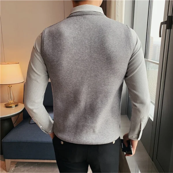 Men's Extra Thick Thermal Sweater Vest with Fleece, Knit Sweater with Woven Shirt Collar, and Plaid Shirt Collar - Image 3