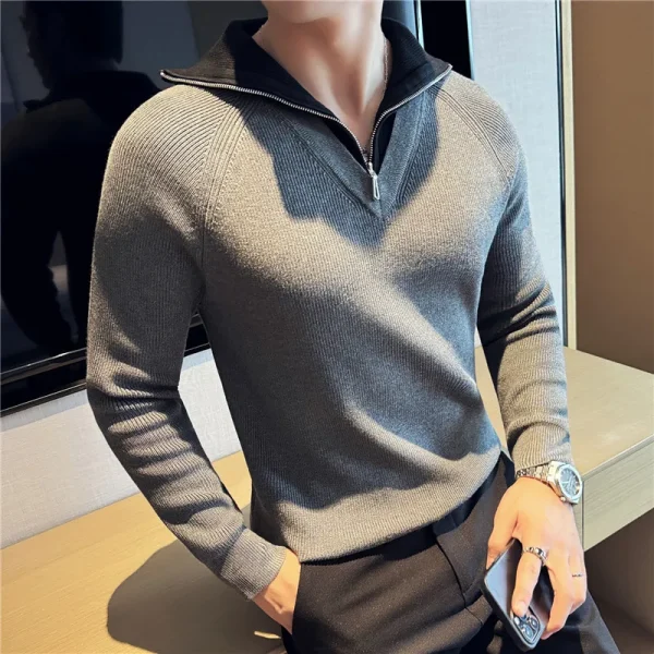 Men's Turtleneck Warm Sweater with Splice Color, Youth Slim-fit Knit Shirt for Fall and Winter, Half Zip-up Sweater. - Image 24