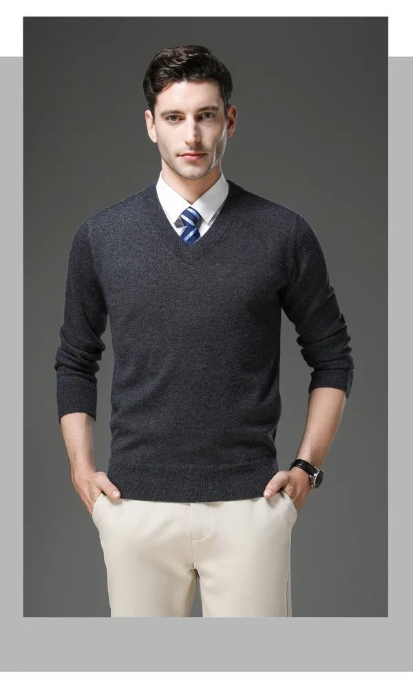Warm Men's V-neck Solid Color Sweater, New Stretch Top for Autumn and Winter, Pullover Knitwear for Daily Leisure, Business - Image 13