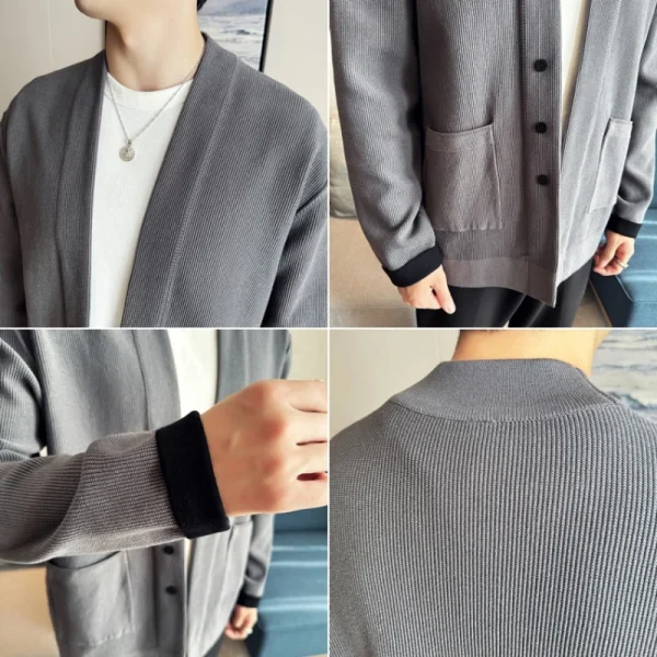Men's Casual Loose Fit Cardigan with Long Sleeves, Color-Blocking Cuff, Stretchable, and Warm Knit for Fall and Winter 2024. - Image 5