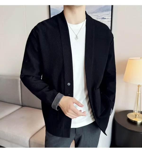 Men's Casual Loose Fit Cardigan with Long Sleeves, Color-Blocking Cuff, Stretchable, and Warm Knit for Fall and Winter 2024. - Image 6