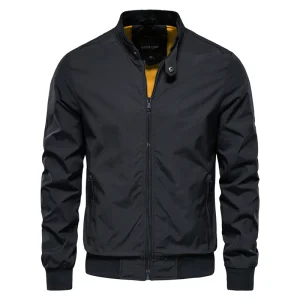 Fall High Quality Slim Fit Men's Baseball Jacket in Solid Color, Casual Stand Collar Bomber Jacket