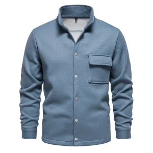 Men's Thick, Warm Waffle Fleece Lined Jacket with Pocket, Button-Up Stand Collar, Outwear, Winter Coats
