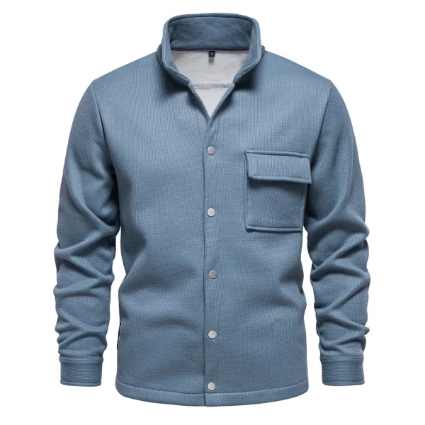 Men's Thick, Warm Waffle Fleece Lined Jacket with Pocket, Button-Up Stand Collar, Outwear, Winter Coats