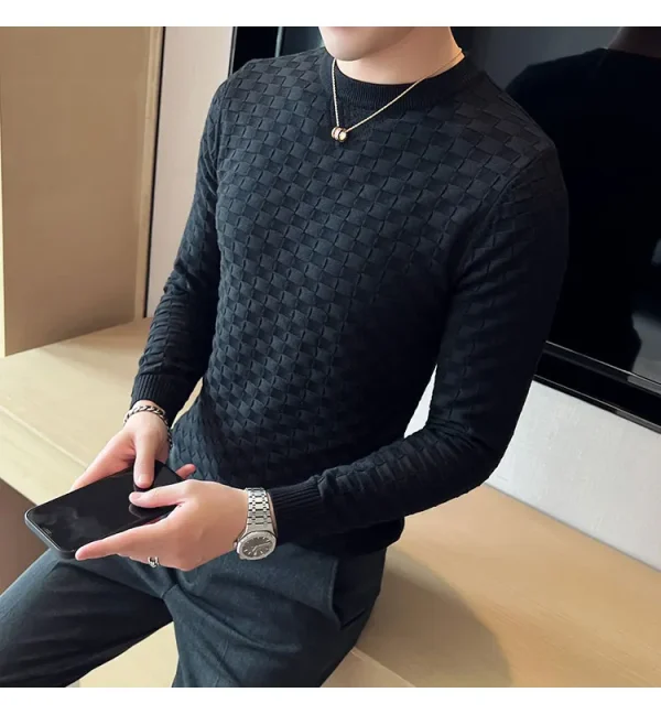 Warm and Stretchy Men's O-Neck Sweater with Jacquard Plaid Pullover Knit, Daily Slim Fit Base Shirt - Image 6