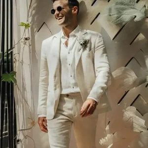 Men's stylish flat-front, single-breasted, notch-lapel, skinny-blazer, casual, two-piece jacket pants made of linen and beige