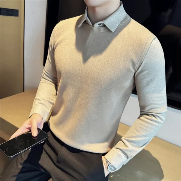 The collar of a dark pinstripe corduroy textured flannel shirt.Men's Sweaters with a Sewn-in Shirt Collar and a Layered Style - Image 5