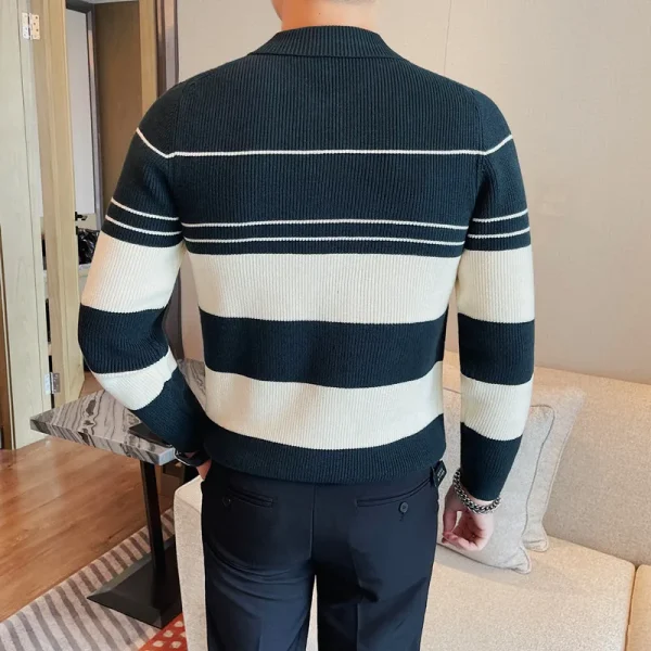 Classic Casual Striped Pullover Daily Knit Sweater with Turn-down Collar and Half Zipper for Autumn and Winter - Image 4