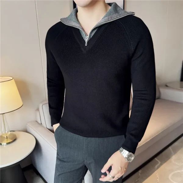 Men's Turtleneck Warm Sweater with Splice Color, Youth Slim-fit Knit Shirt for Fall and Winter, Half Zip-up Sweater. - Image 14