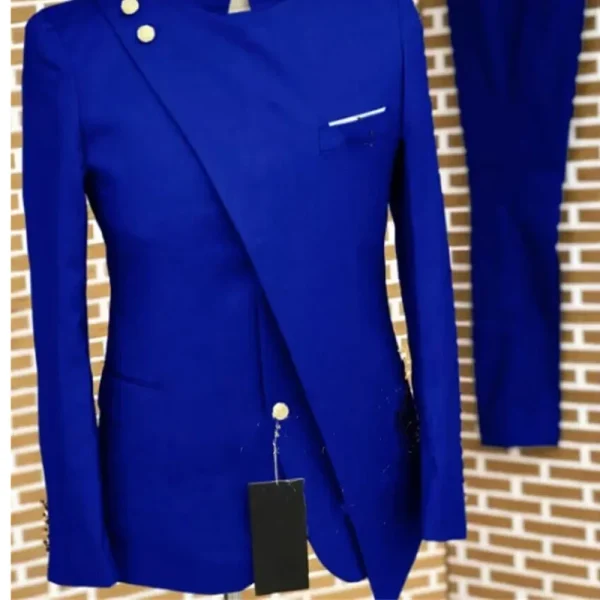 Men's Blue Formal Suits Outerwear Single Breasted Stand Lapel Slim Fit Full Set Blazer African Formal Two-Piece Jacket and Pants - Image 3