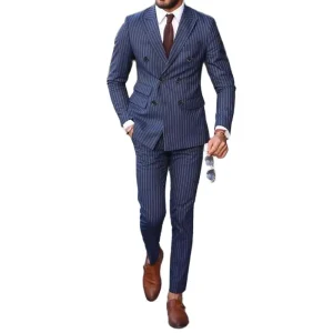 Slim-fitting two-piece jacket pants and double-breasted, peak-lapel, regular-length, formal office suits for men