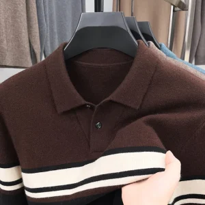 Men's Business Casual Polo Shirt, Classic Striped Knit Sweater, Warm Wool Blend Sweater, for the Autumn and Winter of 2025.