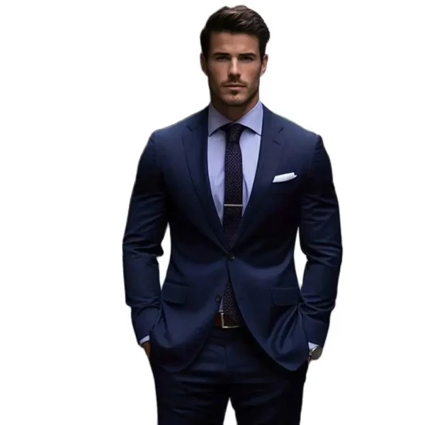 Superior Navy Blue Men's Flat Front Notch Lapel Single Breasted Sleeveless Two-Piece Jacket and Pants for a Stylish Wedding Outfit - Image 4