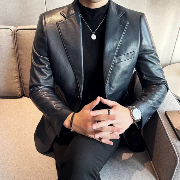 Korean Social Prom Tuxedo 5 Color Premium Men's Casual Leather Jackets Fashion Slim Fit Social Suit Leather Coat - Image 6