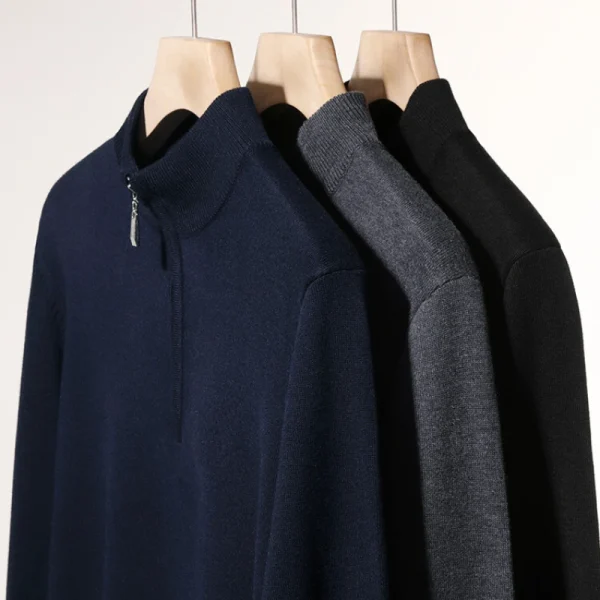 Fall and Winter Men's Long-Sleeved Sweater, Half Zip Pullover, Half Turtleneck Pullover, Wool-like Business Casual Top - Image 2