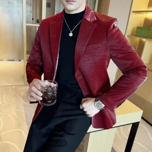 Grid Men's Crocodile Pattern Leather Jacket, Korean Premium Fashion Slim Casual Business Suit Coats, Tuxedos, Men's Apparel