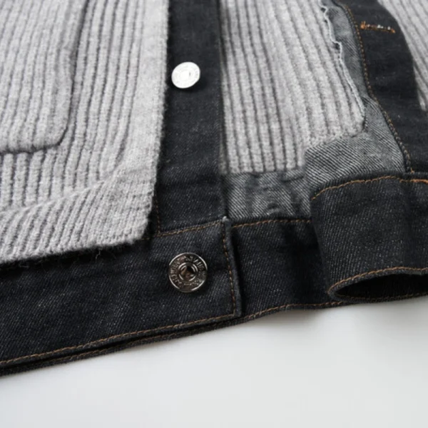 Men's elastic and fashionable knitted jacket with denim collar patchwork for everyday casual wear in the fall. - Image 4