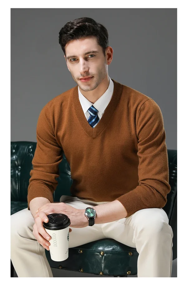 Warm Men's V-neck Solid Color Sweater, New Stretch Top for Autumn and Winter, Pullover Knitwear for Daily Leisure, Business - Image 8