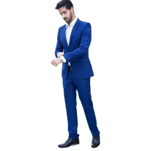 High-quality, two-piece, slim-fitting, casual, single-breasted, notch-lapel, and flat business office suits for men in blue