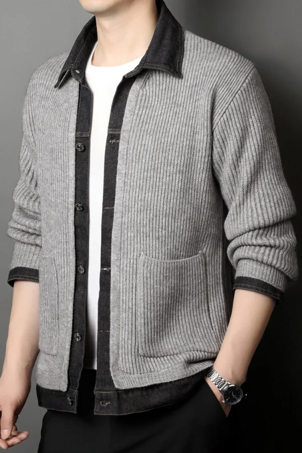 Men's elastic and fashionable knitted jacket with denim collar patchwork for everyday casual wear in the fall. - Image 7