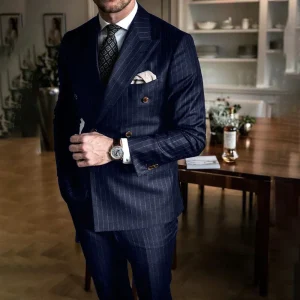 Dressy Men's Costumes Regular Length Navy Blue Double Breasted Peak Lapel Stripe Two-Piece Jacket and Pants