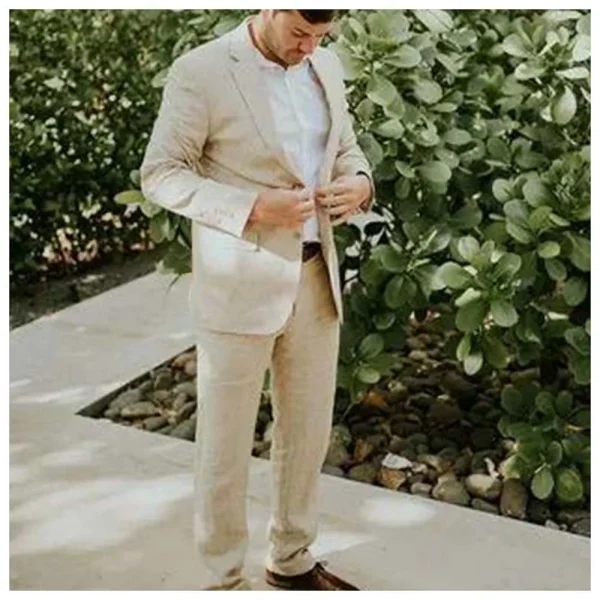 Stylish Men's Suits in Linen Beige with a Single Breasted Notch Lapel Blazer Slim Fit Skinny Two-Piece Jacket and Pants for Special Occasions - Image 3