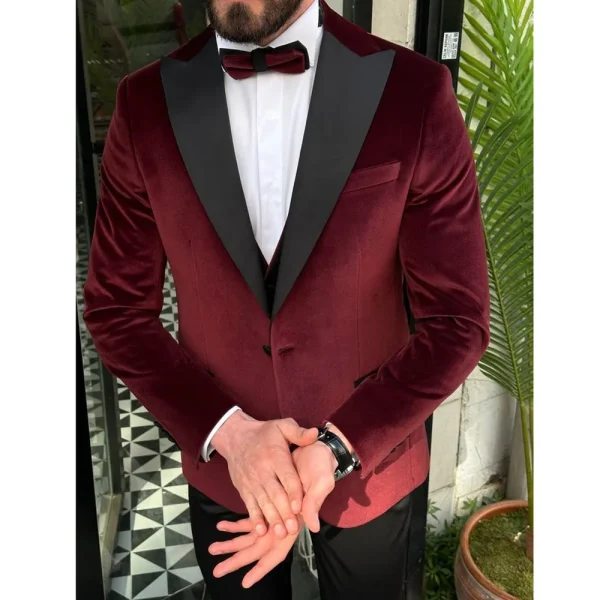 Male Formal Party Clothes One Button Velvet Slim Fit Burgundy Peak Lapel Men's Suits One Piece Blazer Slim Fit Elegant Jacket - Image 2