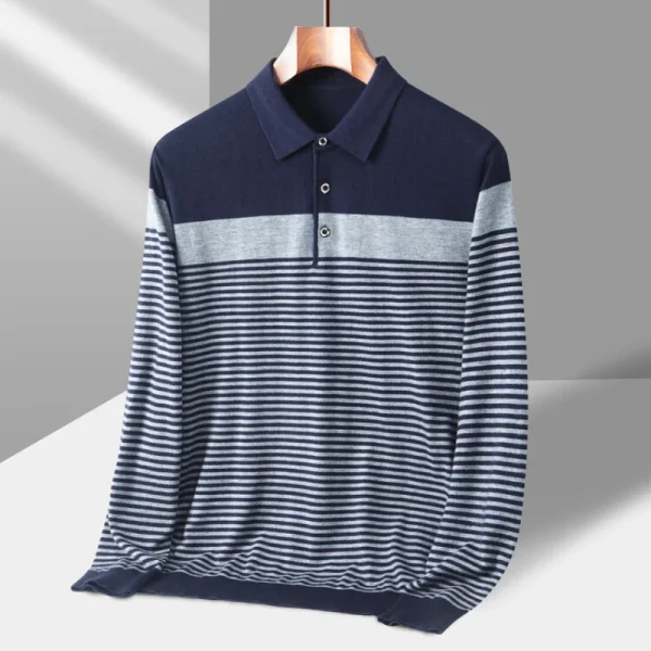 Men's Stretchy Long-Sleeved, Warm, Commuter Polo Shirt with Stripes for Fall and Winter, Slim Fit Base - Image 2
