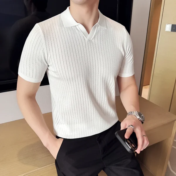 Men's Knitted Short-Sleeved Polo Shirt with V-neck, Lapel, Slim Fit, Fashion Bottoming Shirt, 2025 Spring/Summer - Image 3