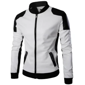 Fashion Racing Clothing PU Leather Jacket 2025 New Men's Stand Collar Coat in Black and White Color Matching Casual Leather Jacket