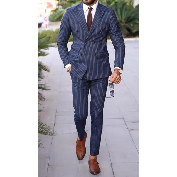 Stylish Men's Suits Double Breasted Peak Lapel Flat Front Blue Stripe Outfits Two-Piece Jacket, Pants, and Blazer for a Formal Business Wedding - Image 4