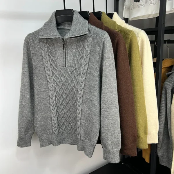 Trendy Men's Half Zip Wool Sweater 2024 Autumn Winter New Casual Style High Neck Knitted Pullover in Thick Solid Color - Image 2