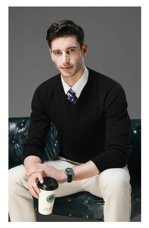 Warm Men's V-neck Solid Color Sweater, New Stretch Top for Autumn and Winter, Pullover Knitwear for Daily Leisure, Business - Image 16