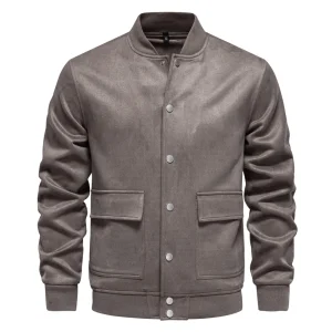 Men's Suede Button-Up Bomber Jackets with Crew Necks for Casual Baseball Business Outwear