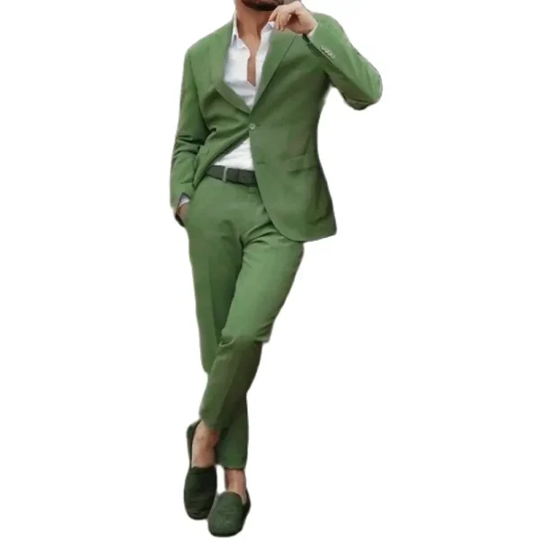 Formal Evening Party Two-Piece Jacket and Pant Set in Stylish Green Men's Single-Brsted Flat Front Peak Lapel Blazer - Image 3