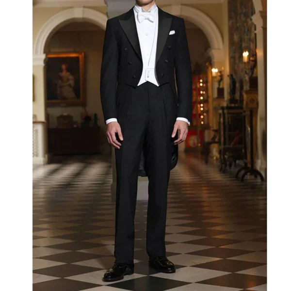 Superior Men's Black Long Coat, Luxurious Three-Piece Jacket, Vest, Doubel Breasted Peak Lapel Slim, Stylish Wedding Tuxedos - Image 2