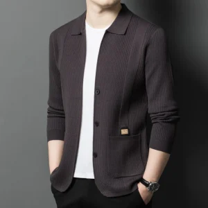 Superior Men's V-neck Cardigan in Solid Color, Soft Long-Sleeved Knitted Sweater with Elastic Velvet