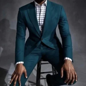 A formal green single-breasted men's suit with a flat front blazer that is regular length Stylish Groom Outfit for the Wedding Two-piece blazer, pants, and jacket