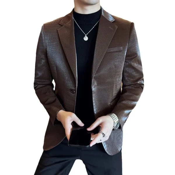 Grid Men's Crocodile Pattern Leather Jacket, Korean Premium Fashion Slim Casual Business Suit Coats, Tuxedos, Men's Apparel - Image 6