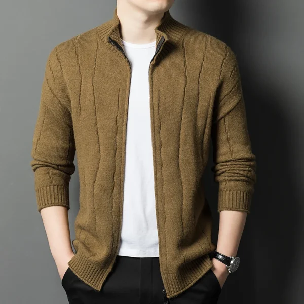 New Men's Solid Color Half Turtleneck Knitted Jacket with Zipper, Cozy Long Sleeve Sweater for Fall and Winter - Image 2